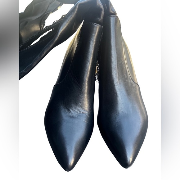 KURT Geiger Pointed Toe Knee High Lace-Up Black Leather High Block Heeled Boots - Picture 3 of 16